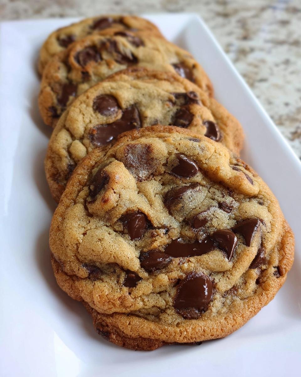 A row of four freshly baked Brown Butter Chocolate Chip Cookies stacked slightly on a white rectangular plate.