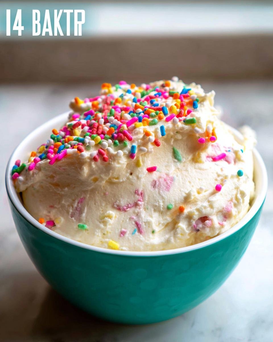 A teal bowl filled with creamy cake dip, topped with colorful sprinkles and visible cake mix pieces. This is a funfetti cake dip recipe.