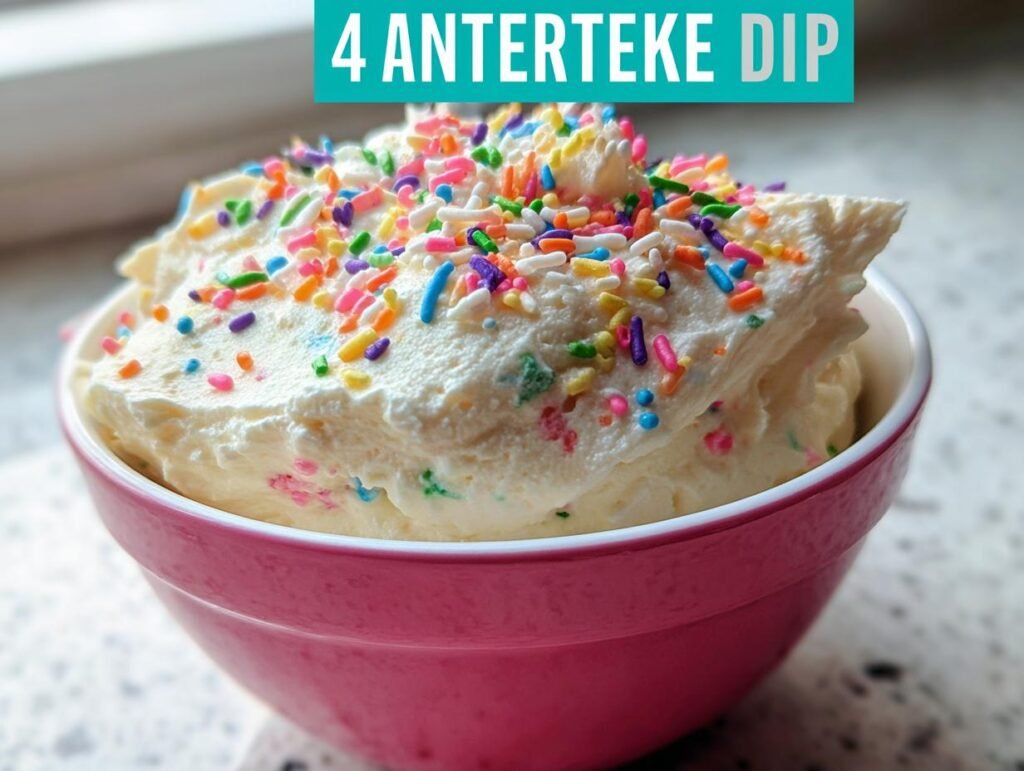 A close-up of a pink bowl filled with a creamy cake dip recipe topped with colorful sprinkles.