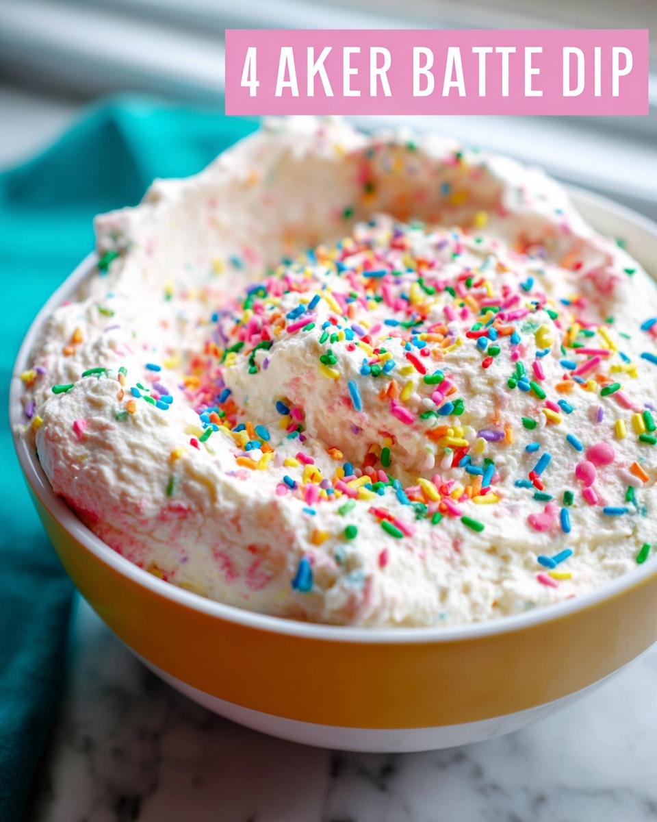 A bowl of creamy cake dip topped with colorful rainbow sprinkles, perfect for a cake dip recipe.