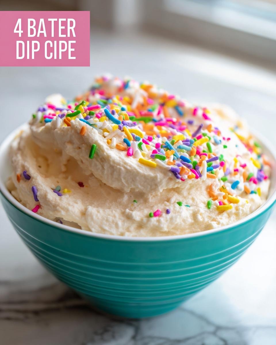 A bowl of creamy cake dip recipe topped with colorful sprinkles.