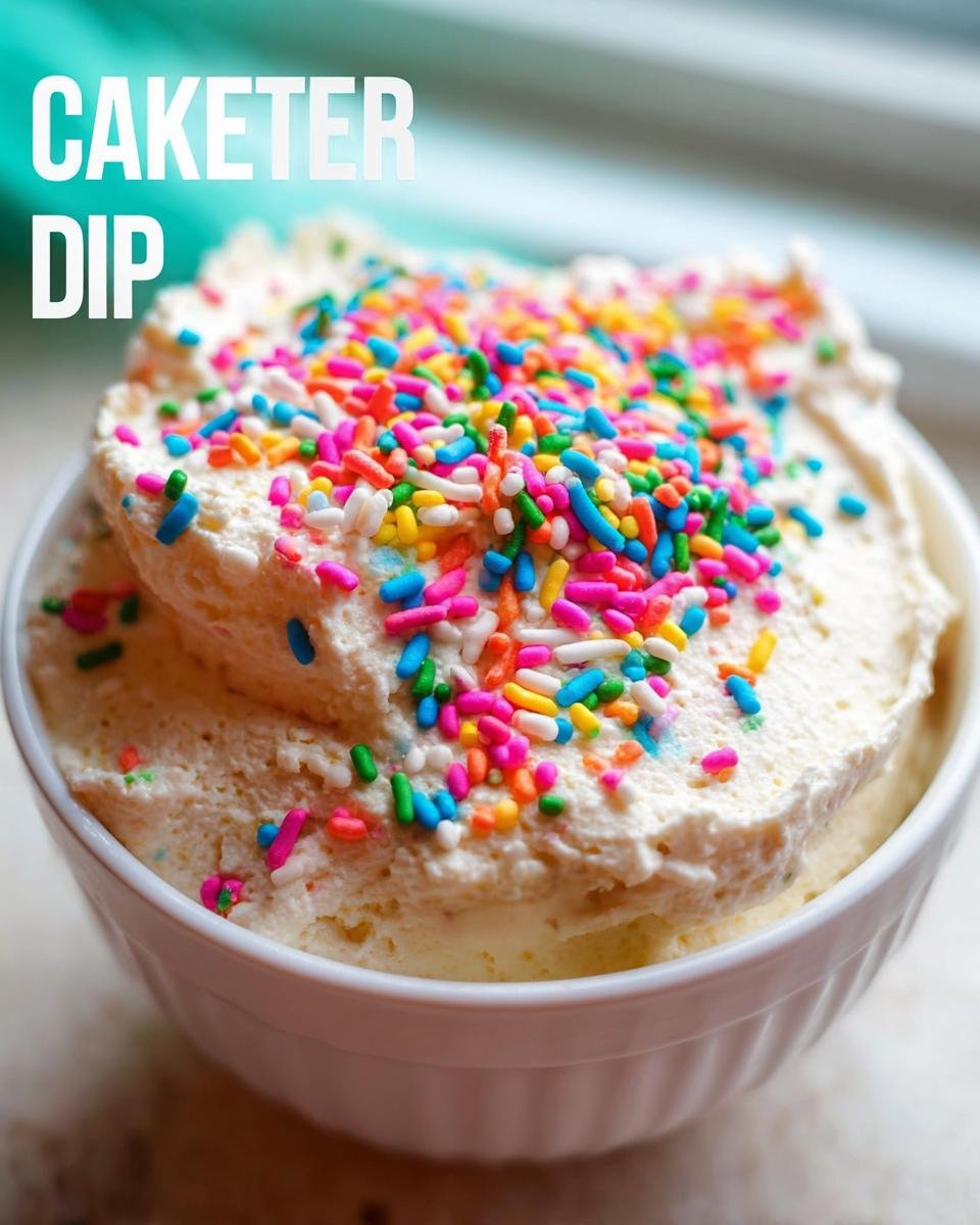 A close-up of a white bowl filled with creamy cake dip topped with colorful sprinkles.