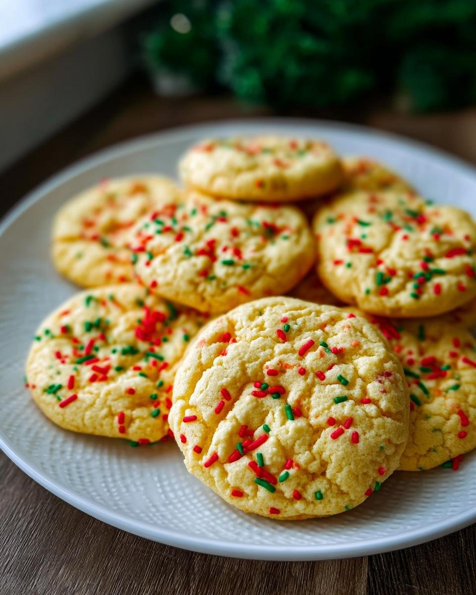 A plate of golden cake mix cookies topped with red and green sprinkles.