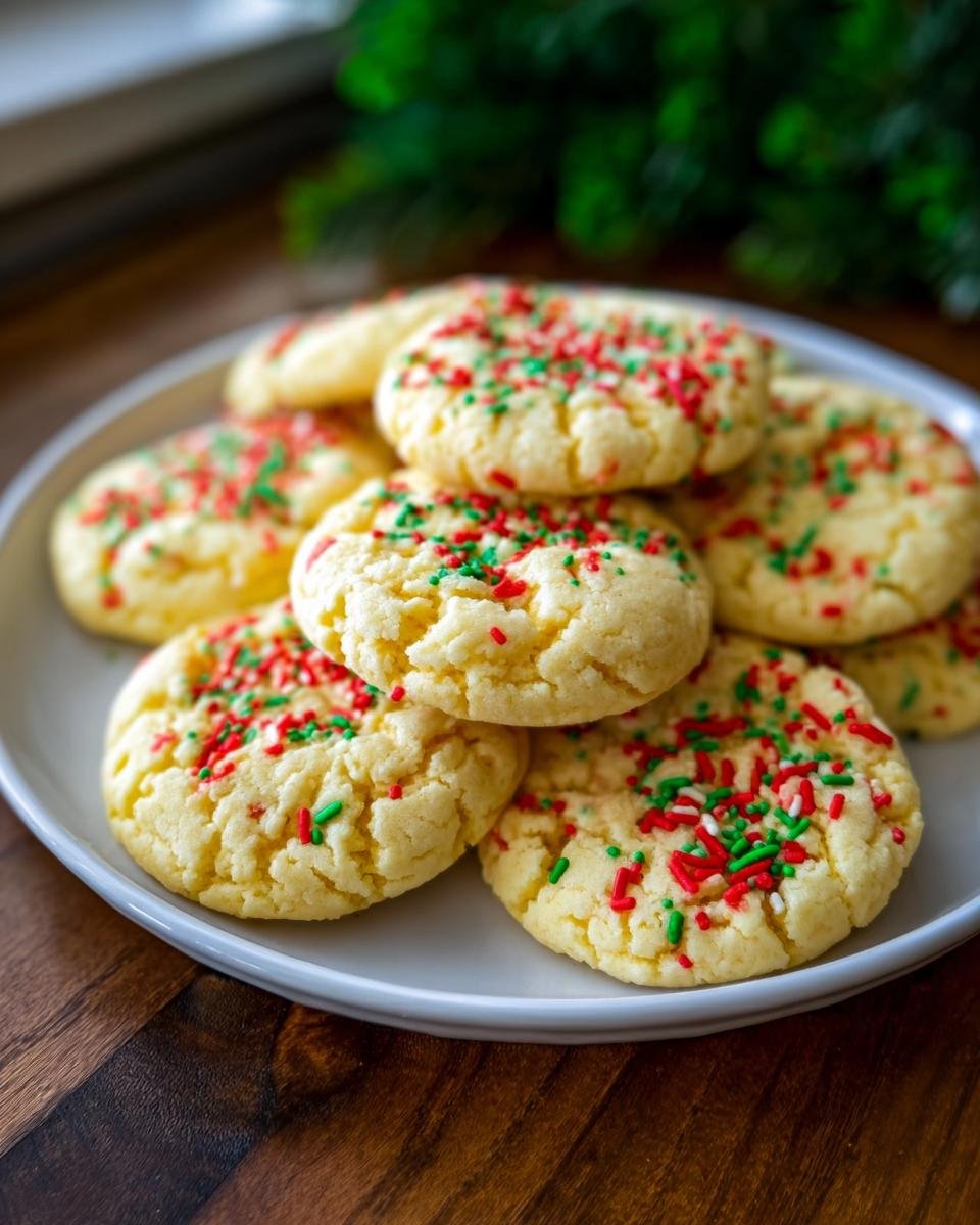 A plate piled high with festive cake mix cookies, topped with red and green sprinkles.