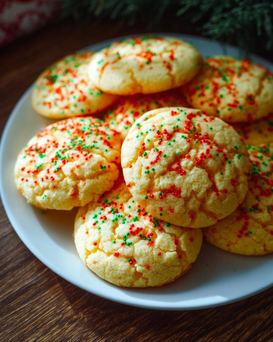 A plate of soft, golden cake mix cookies topped with festive red and green sprinkles.