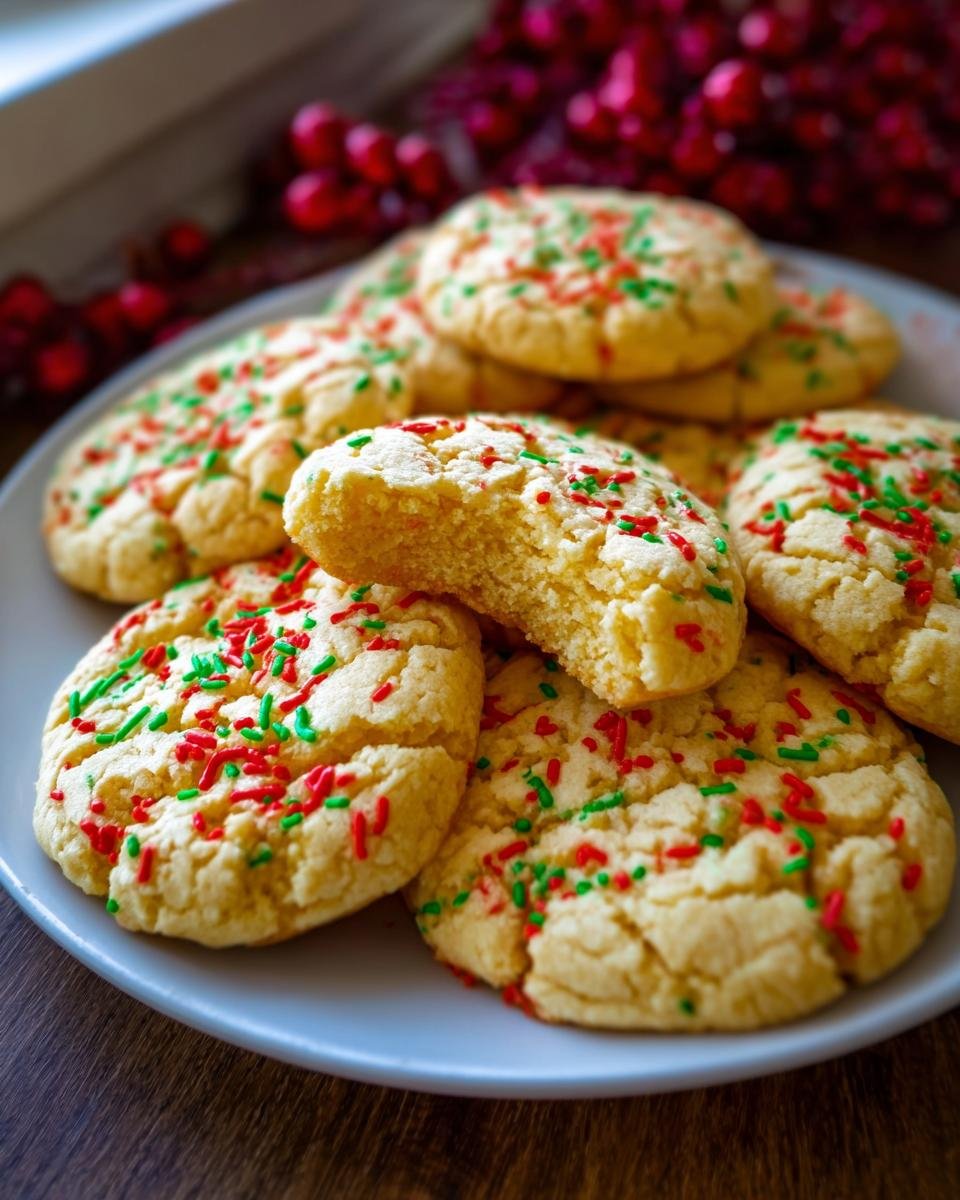 A pile of delicious cake mix cookies topped with red and green sprinkles, one cookie has a bite taken out.