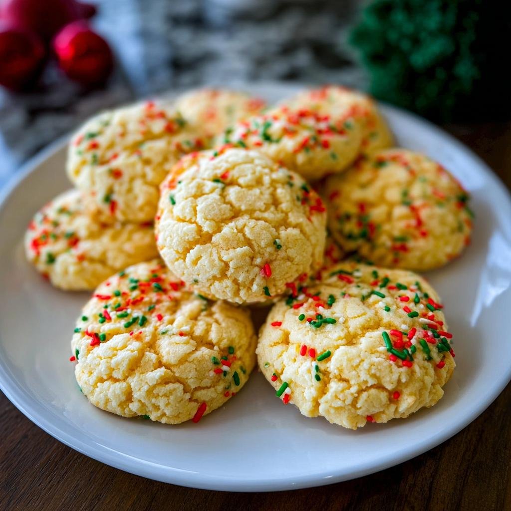 A plate full of delicious 3-ingredient cake mix cookies, topped with festive red and green sprinkles.