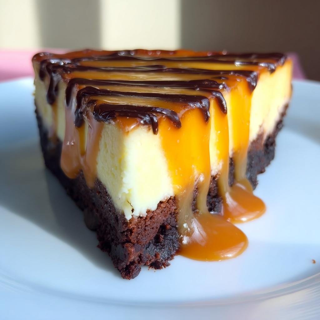 A rich slice of Caramel Brownie Cheesecake, drizzled with chocolate and caramel sauce, on a white plate.