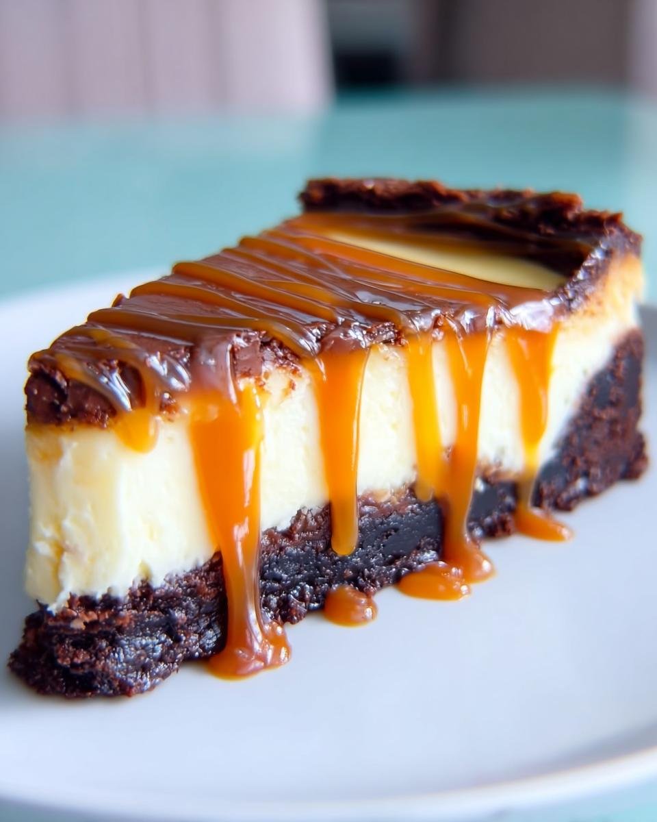 A rich slice of Caramel Brownie Cheesecake with gooey caramel drizzle on a white plate.
