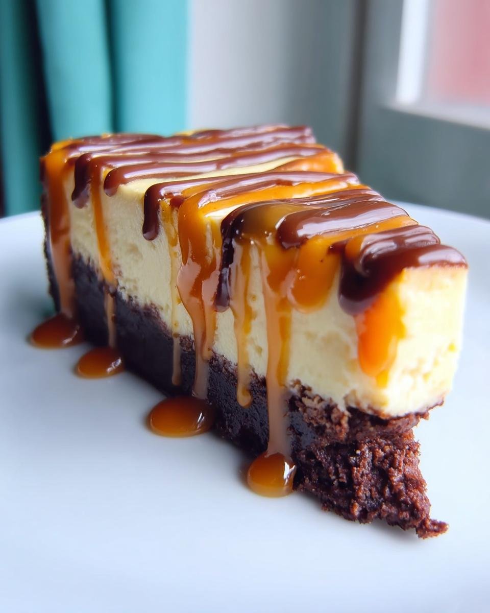 A rich slice of Caramel Brownie Cheesecake, drizzled with caramel and chocolate sauce, on a white plate.