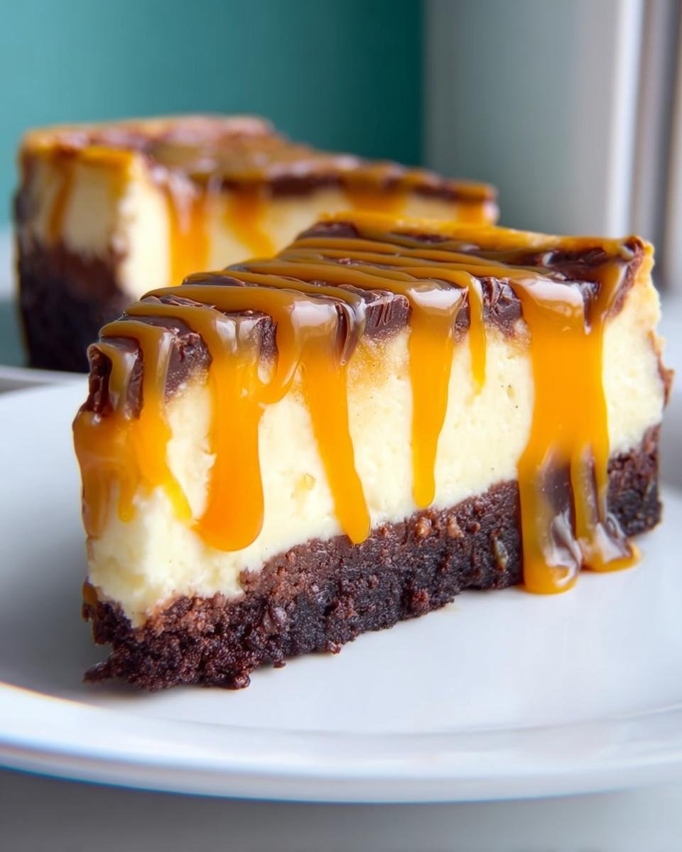 A rich slice of Caramel Brownie Cheesecake with a thick brownie base and creamy cheesecake filling, drizzled with caramel sauce.