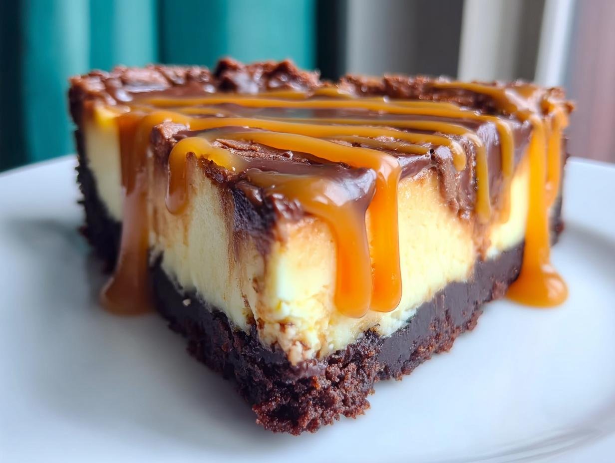 A rich slice of Caramel Brownie Cheesecake, featuring a brownie crust, creamy cheesecake, chocolate ganache, and caramel drizzle.