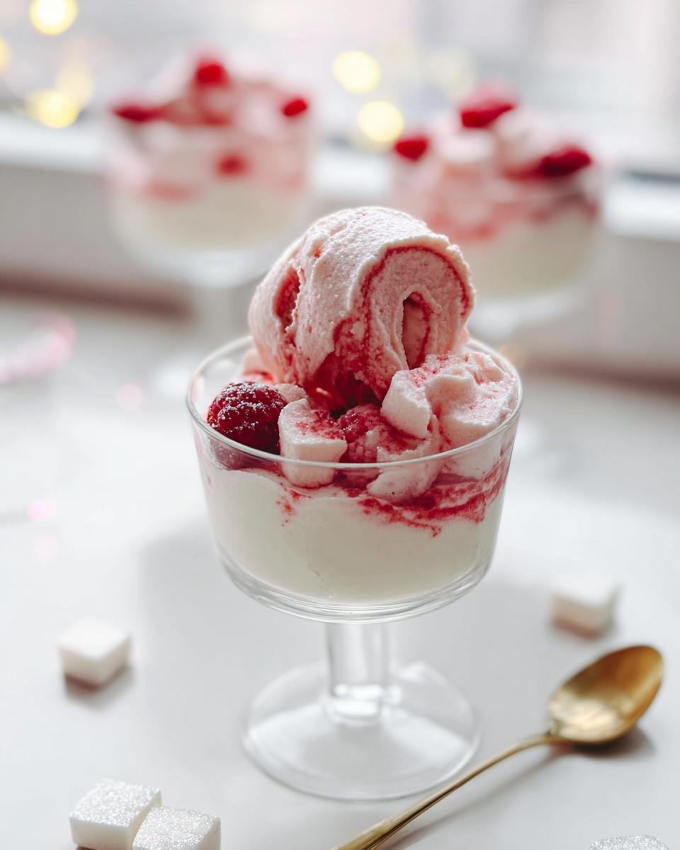 A close-up of a delicate Champagne Raspberry Mousse dessert in a glass, topped with fresh raspberries and powdered sugar.
