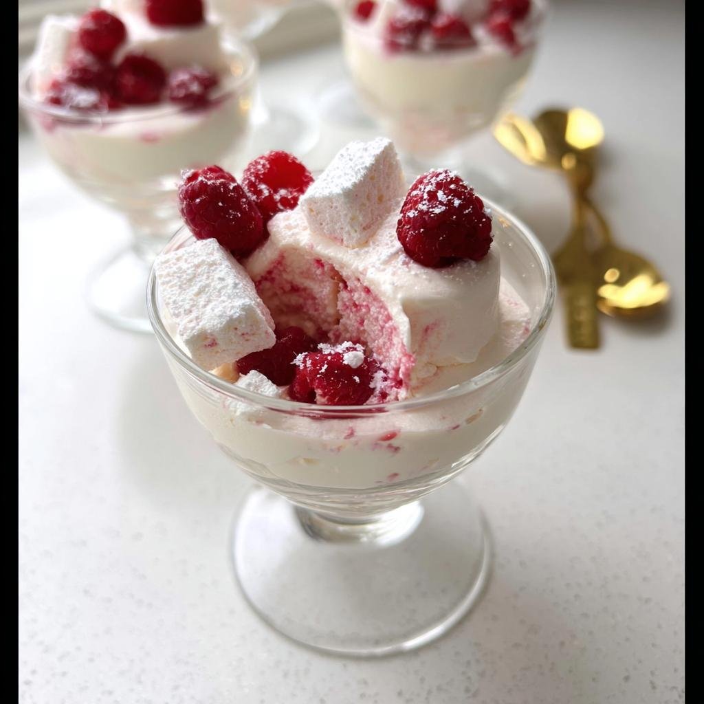 A close-up of a glass dessert bowl filled with Champagne Raspberry Mousse, topped with fresh raspberries and powdered sugar dusted marshmallows.