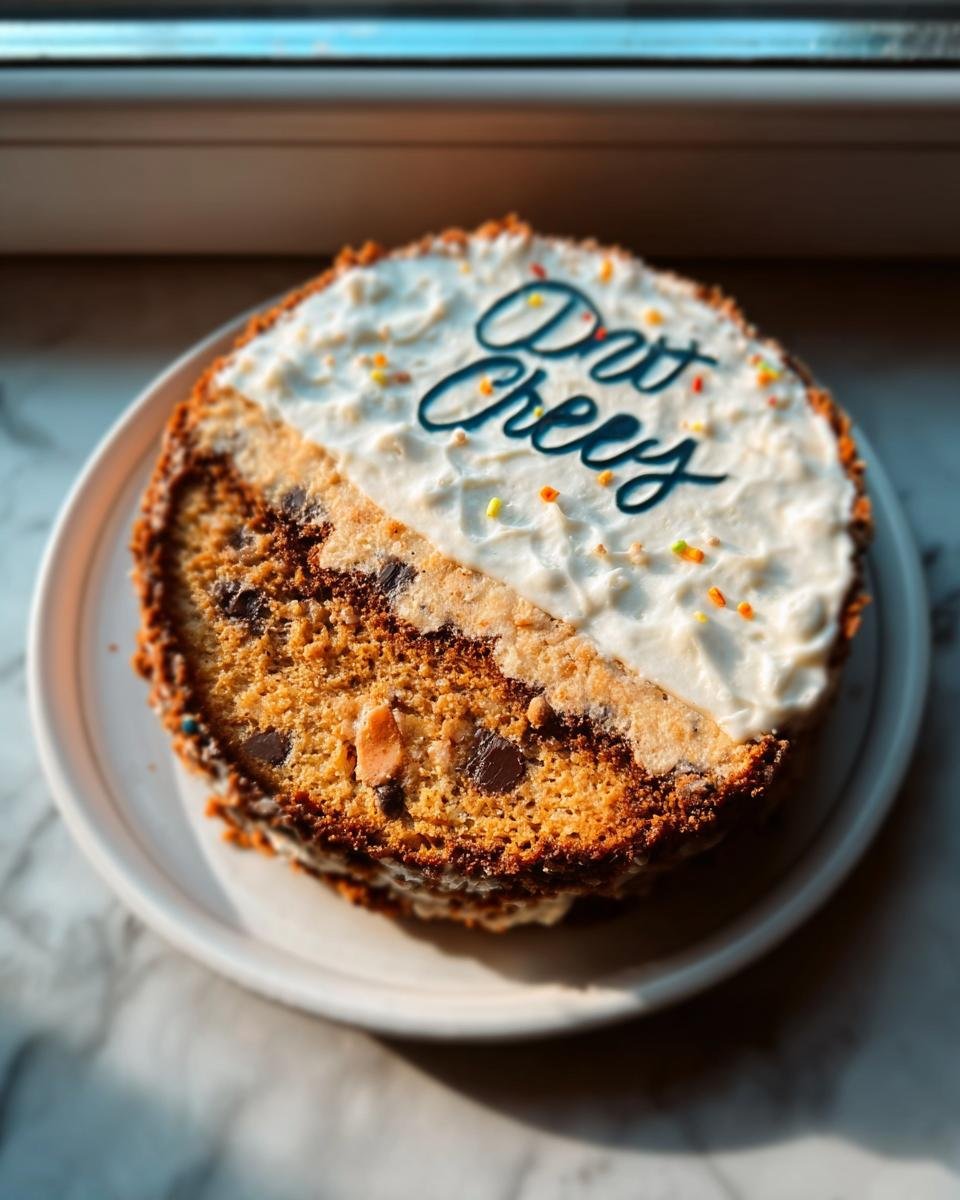 A slice of Cheers Cake with chocolate chips, topped with white frosting and colorful sprinkles.