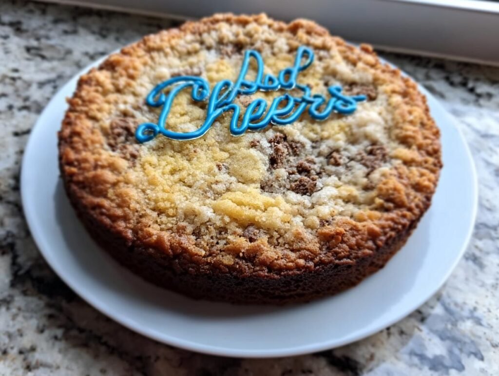 A freshly baked 1-Hour Cheers Cake with a crumbly topping and blue icing that spells 'Cheers'.