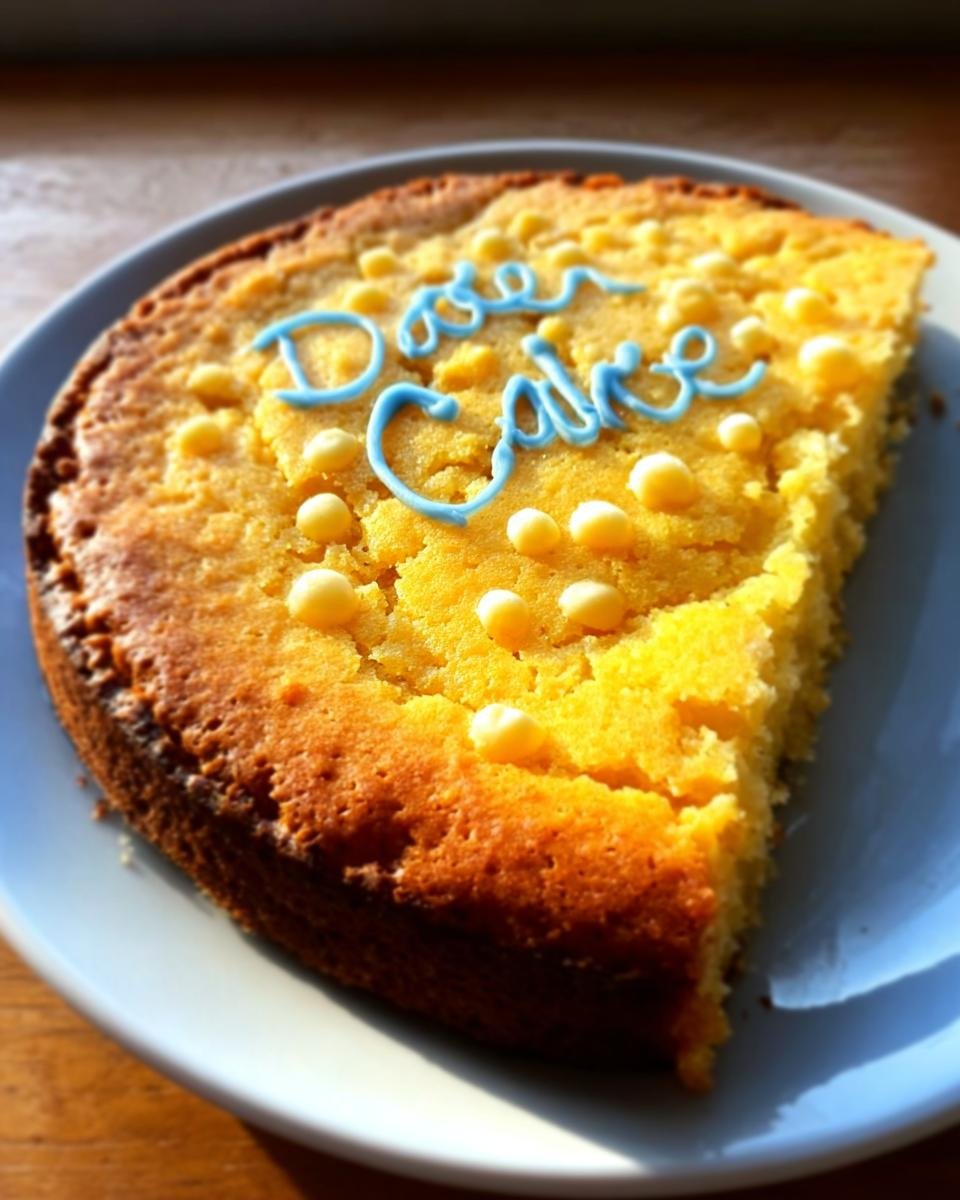 A slice of golden-yellow Cheers Cake, decorated with blue icing spelling 'Cheers Cake' and white chocolate chips.