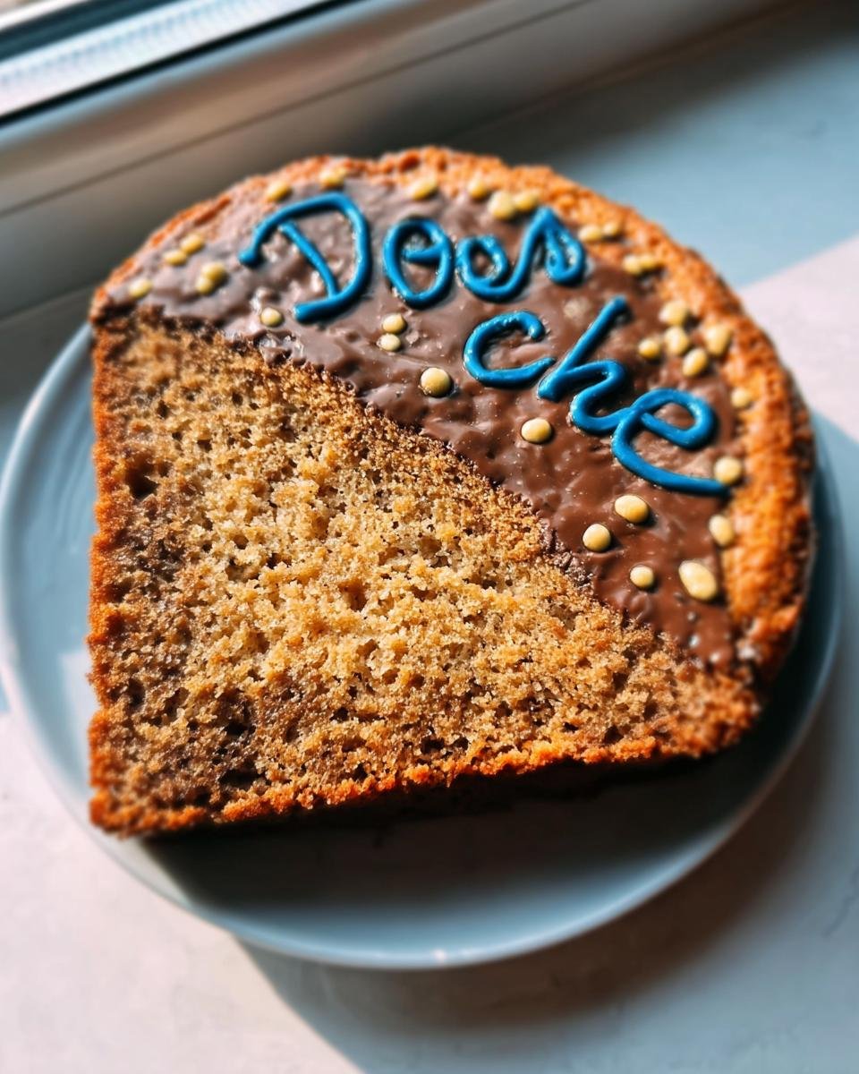 A slice of Cheers Cake with chocolate frosting and blue icing spelling 'Does che'.