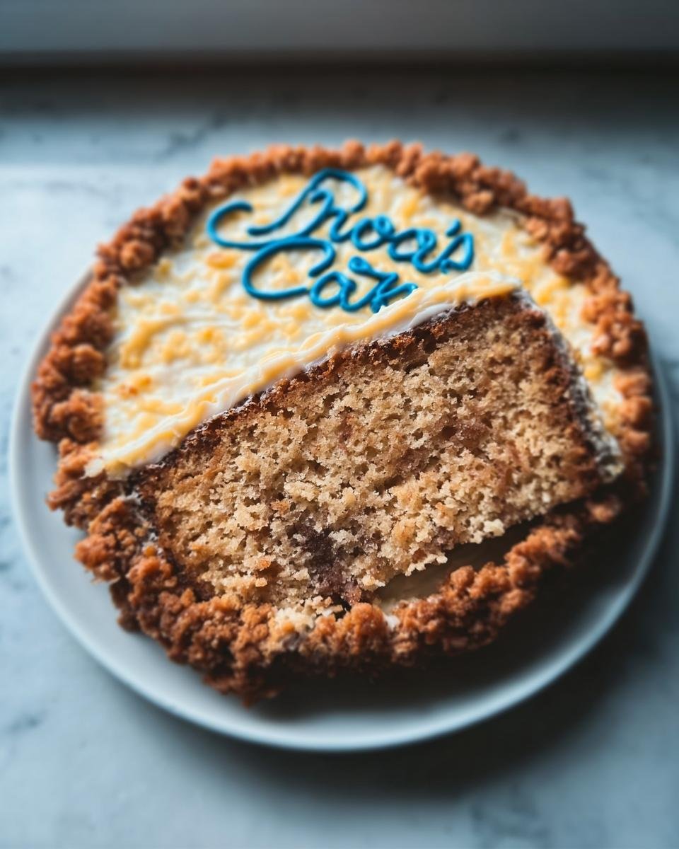 A slice of Cheers Cake with white frosting and blue 'Roa's Cax' lettering, topped with crumble.