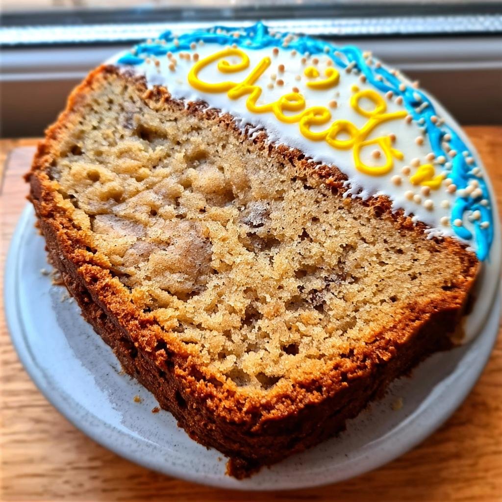 A slice of delicious Cheers Cake with white frosting and yellow lettering that says 'Cheers'.