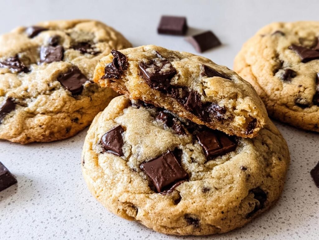 A close-up of Chewy Chocolate Chip Cookies No Chill, one broken in half showing a gooey center and melted chocolate chunks.
