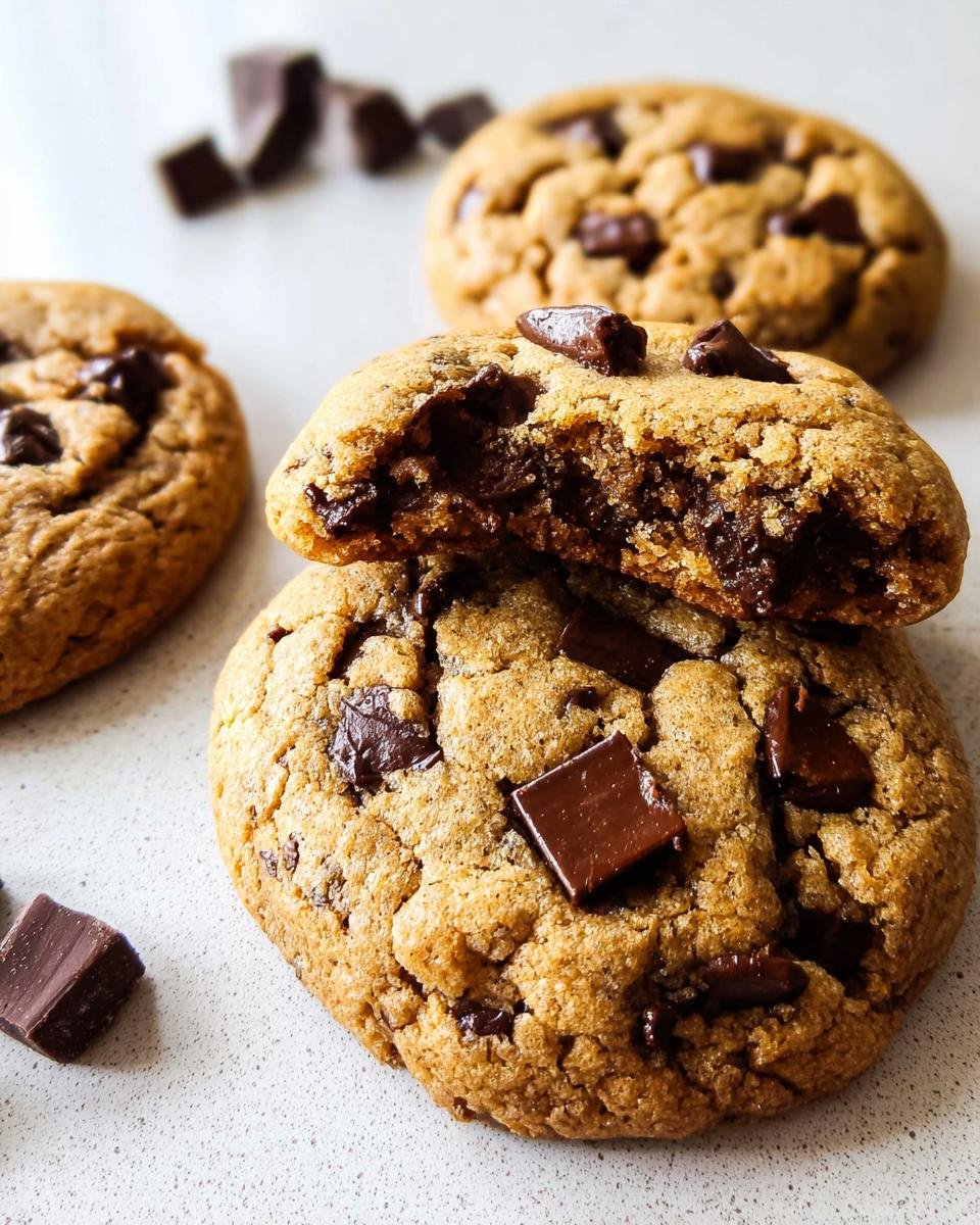 Close-up of Chewy Chocolate Chip Cookies No Chill, one broken open showing a gooey, melted chocolate center.