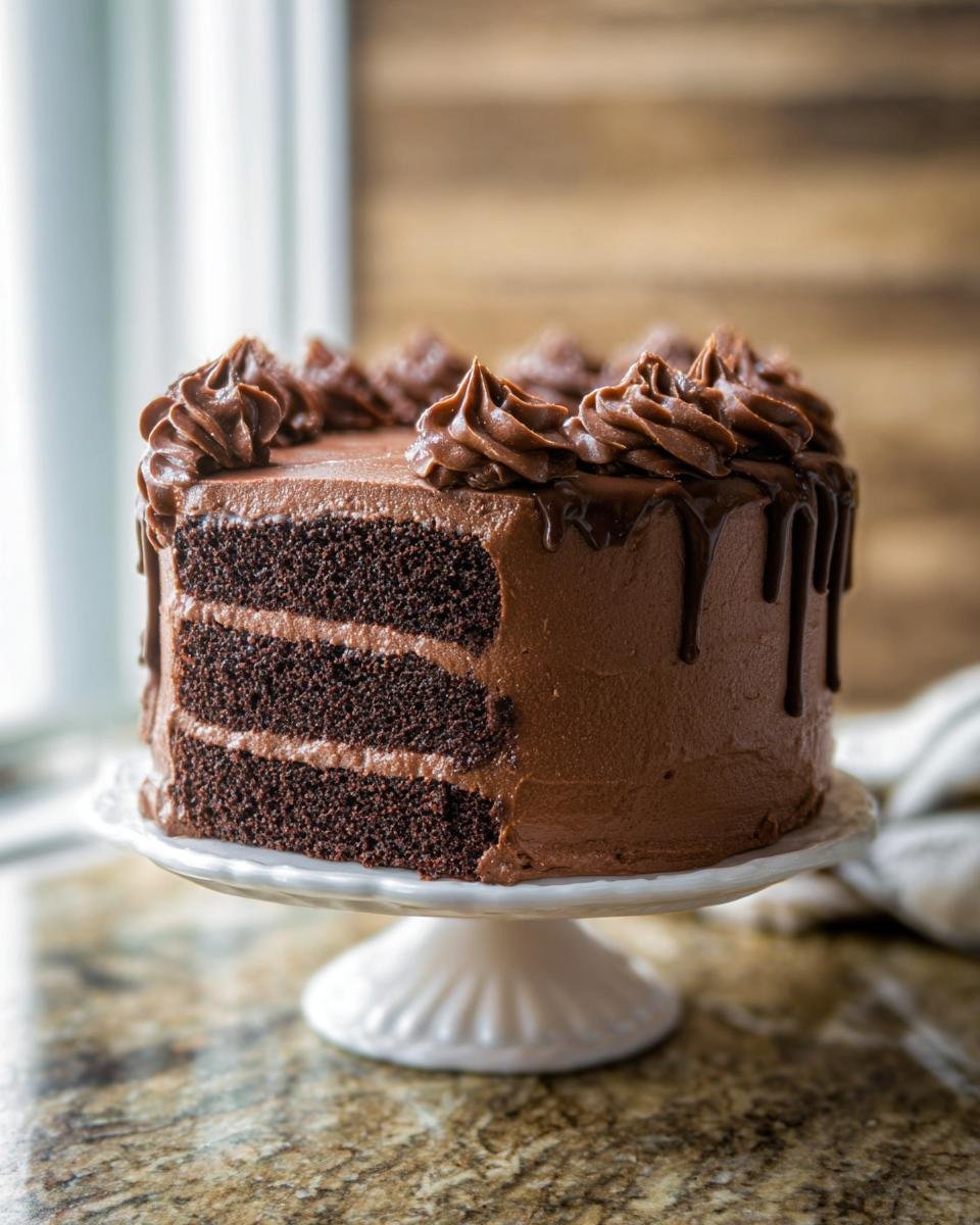 A rich chocolate cake design with three layers, chocolate frosting, and chocolate drip frosting.