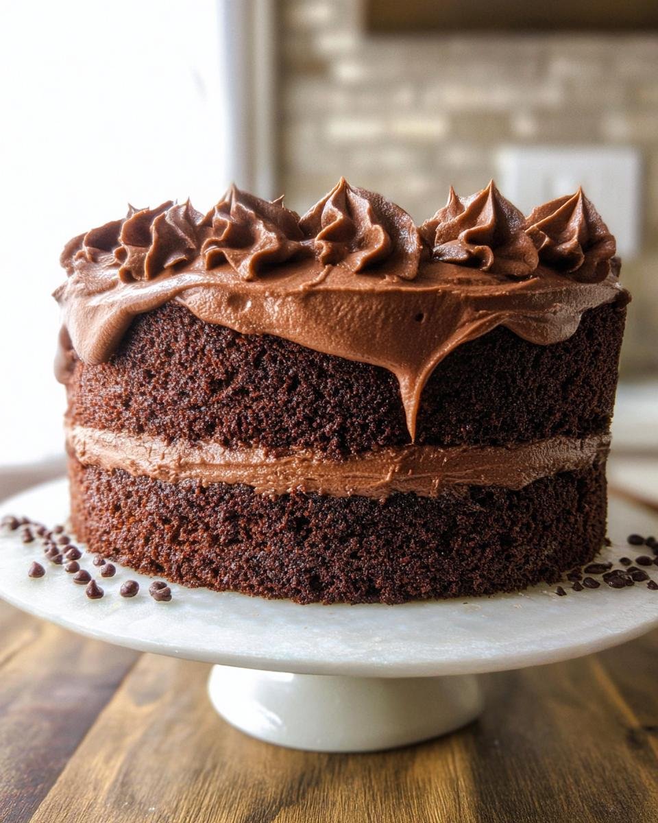 A rich chocolate cake design with creamy chocolate frosting and decorative swirls on top.