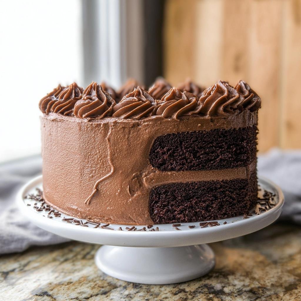 A rich and moist chocolate cake design, frosted with chocolate buttercream and topped with piped swirls.