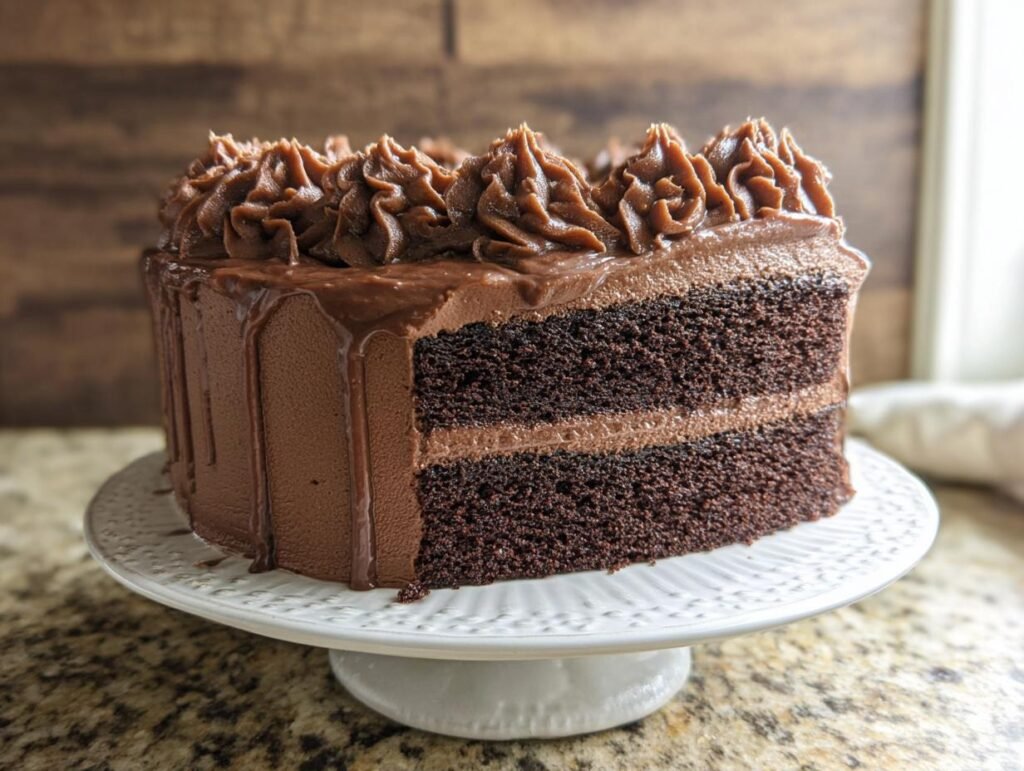 A slice of rich chocolate cake design with layers of dark chocolate cake and chocolate frosting, topped with piped frosting.