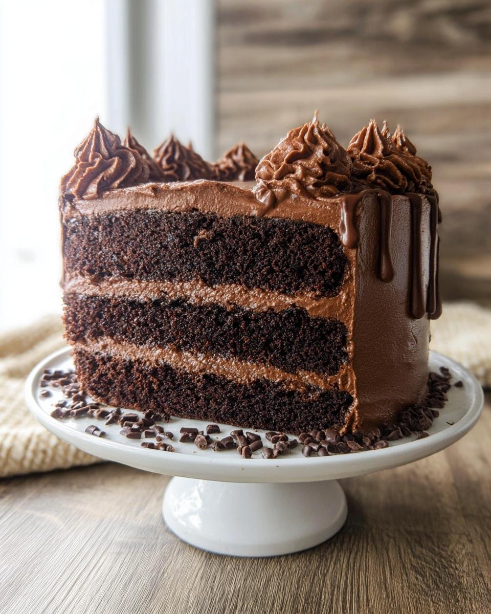 A slice of rich chocolate cake design with three layers and chocolate frosting, topped with piped chocolate and chocolate shavings.