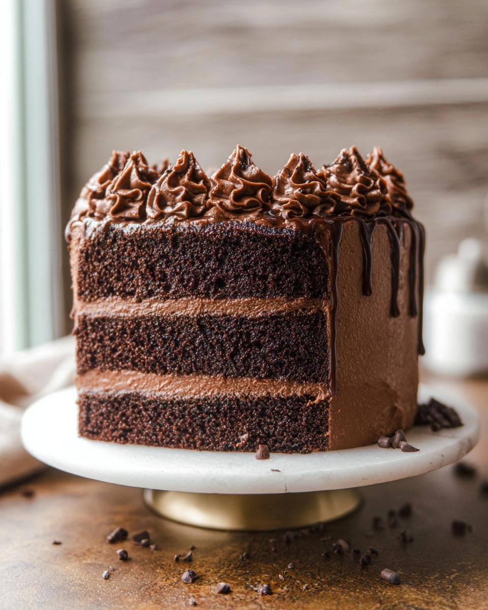 A slice of rich chocolate cake design with three layers of moist cake and chocolate frosting, topped with piped frosting and chocolate drips.