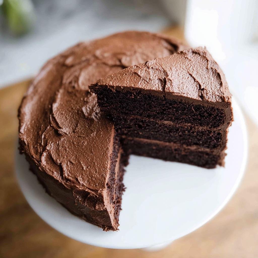 A rich, multi-layered chocolate cake with creamy chocolate frosting, a slice removed to show the texture.