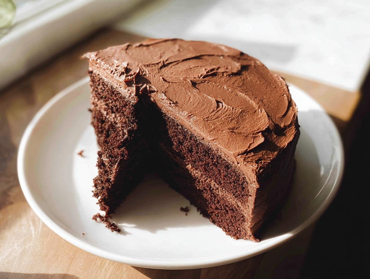 A slice of rich, moist chocolate cake with creamy chocolate frosting, perfect for any occasion.