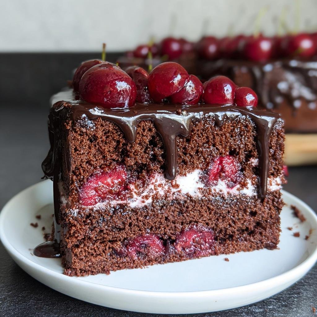 A decadent slice of Chocolate, Cherry & Cognac Cake, topped with fresh cherries and chocolate ganache.