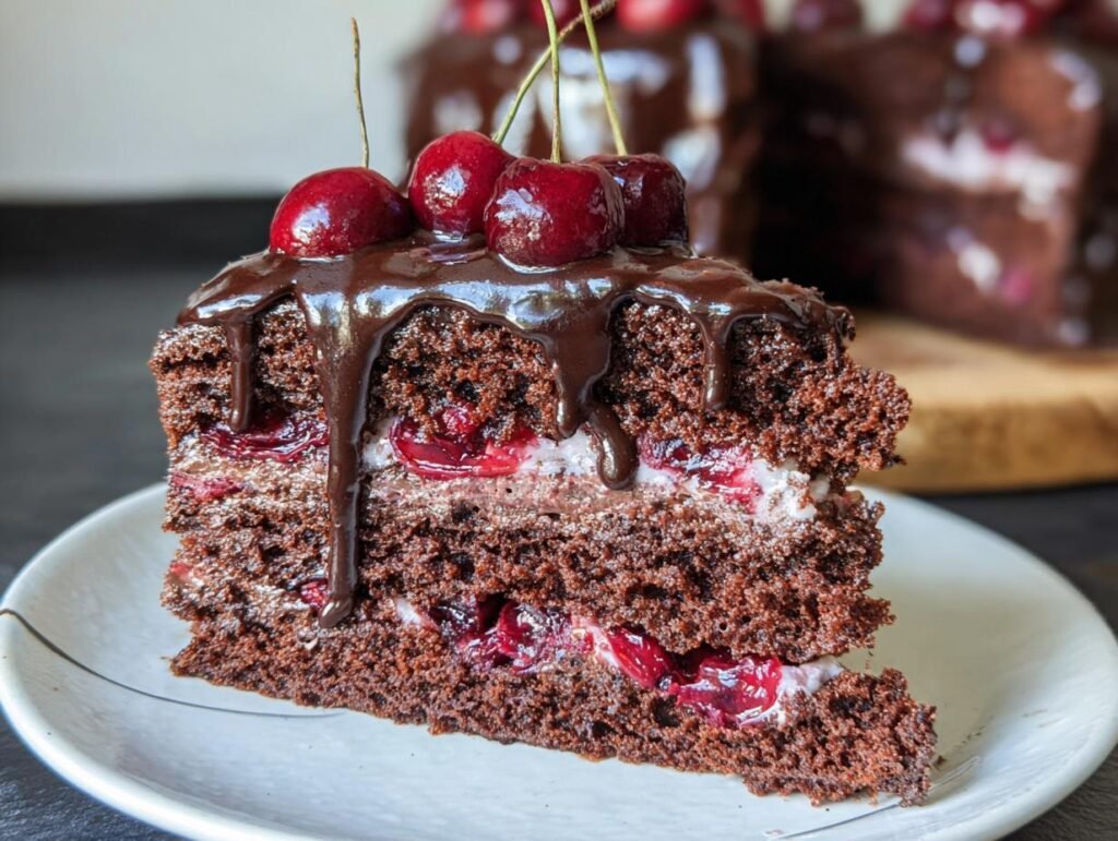 A decadent slice of Chocolate Cherry & Cognac Cake, layered with cream and cherries, topped with chocolate ganache and fresh cherries.