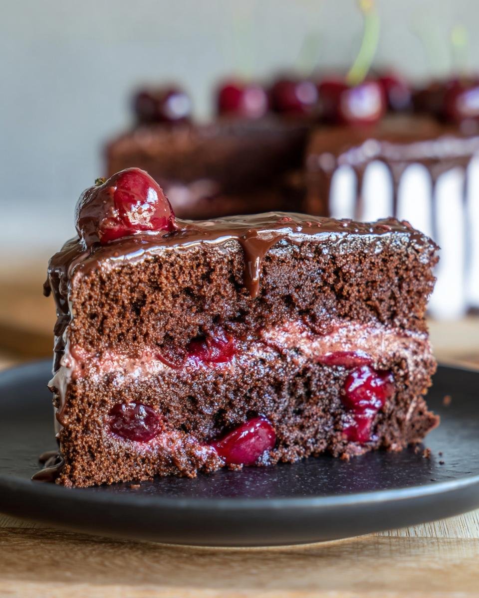 A decadent slice of Chocolate Cherry Cognac Cake, featuring rich chocolate layers, fresh cherries, and a glossy chocolate glaze.