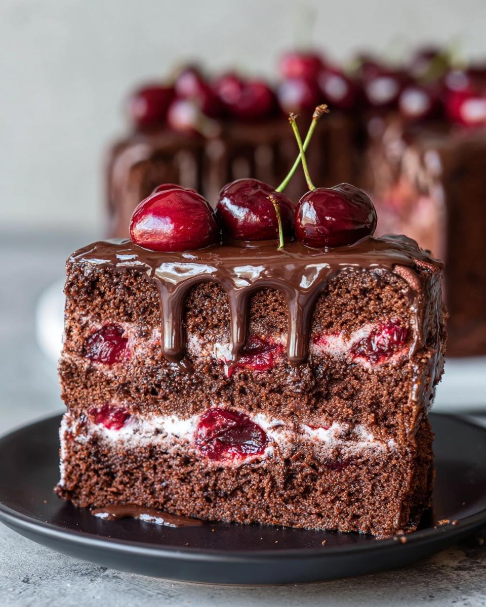A decadent slice of Chocolate, Cherry & Cognac Cake, layered with rich chocolate cake, cream, and cherries, topped with fresh cherries and chocolate ganache.