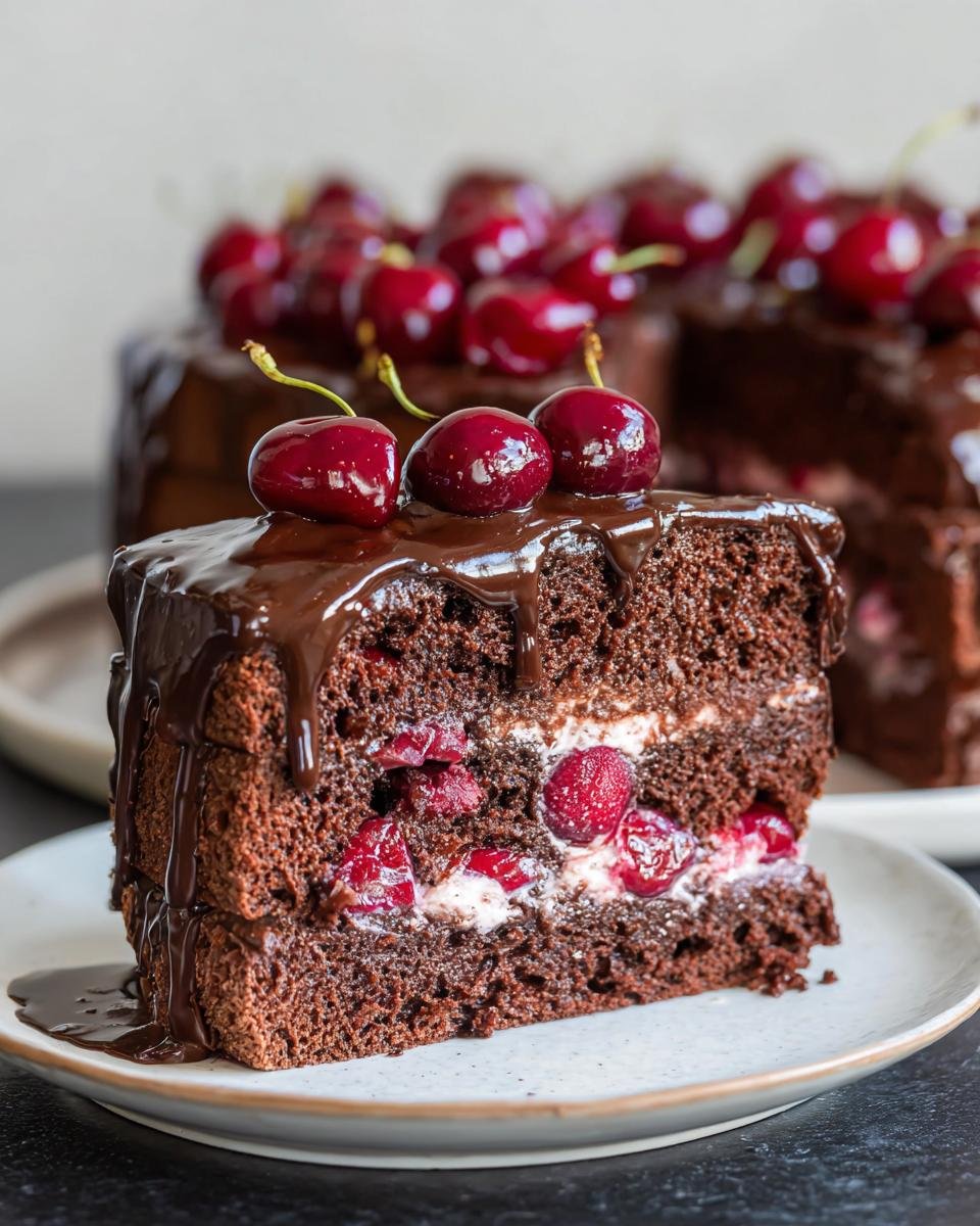 A rich slice of Chocolate, Cherry & Cognac Cake, showcasing layers of dark chocolate cake, cream, cherries, and chocolate ganache.