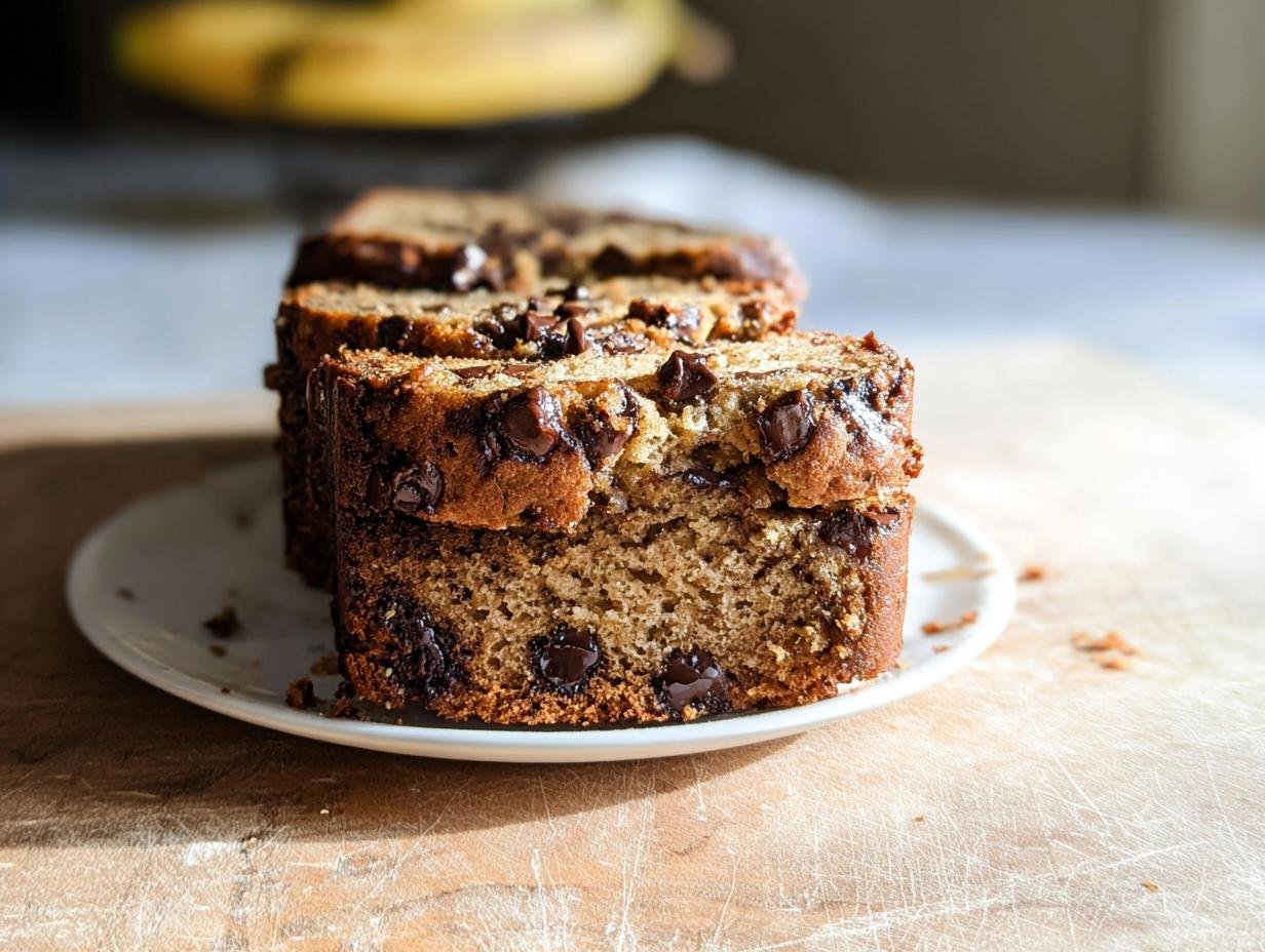 Close-up of moist chocolate chip banana bread slices stacked on a white plate.