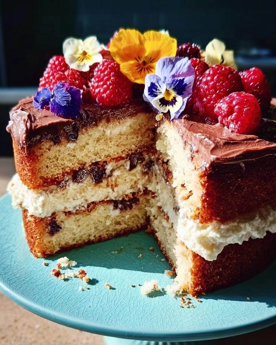 A slice of chocolate raspberry cake with cream filling, topped with fresh raspberries and edible flowers.