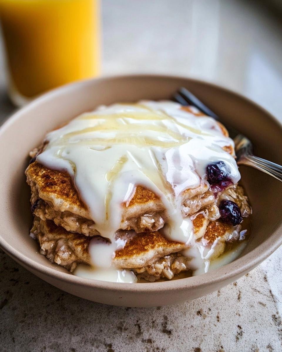 A stack of Cinnamon Roll Pancakes topped with thick cream cheese glaze and blueberries, served in a bowl.