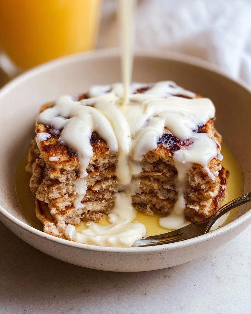 A stack of fluffy Cinnamon Roll Pancakes being drizzled with rich cream cheese icing in a light bowl.