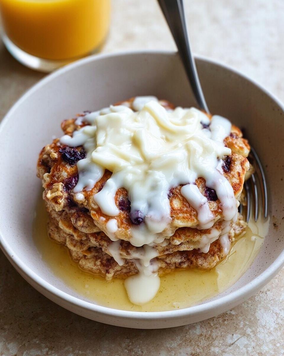 A stack of fluffy Cinnamon Roll Pancakes topped with thick cream cheese glaze, sitting in syrup in a bowl.