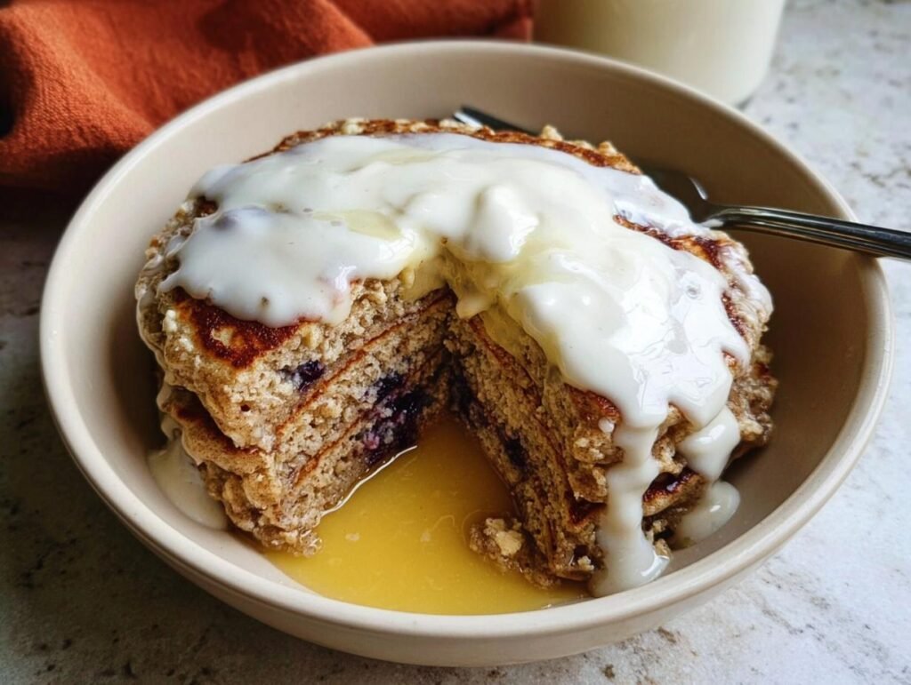 A stack of fluffy Cinnamon Roll Pancakes cut open, drizzled heavily with white cream cheese glaze and syrup.