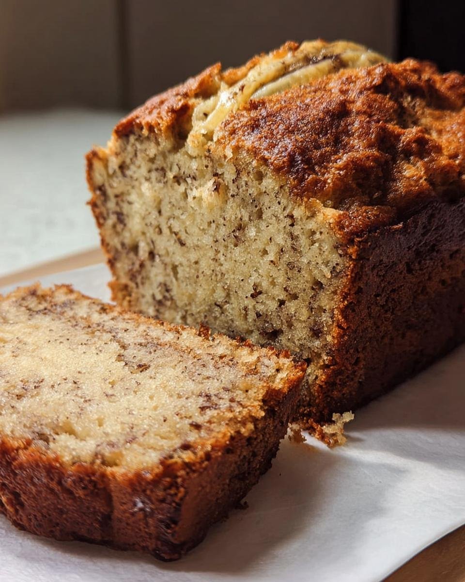 A close-up of a moist and delicious classic banana bread recipe, with a slice cut and ready to enjoy.