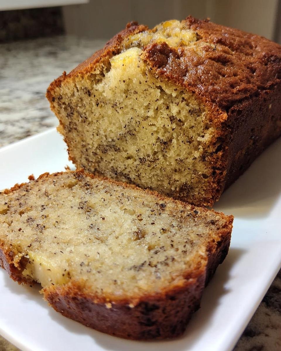 A slice of moist Classic Banana Bread Recipe on a white plate, showcasing its tender crumb and banana specks.