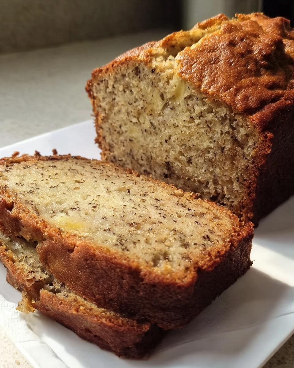 Close-up of a moist Classic Banana Bread Recipe, with slices showing texture and banana pieces.