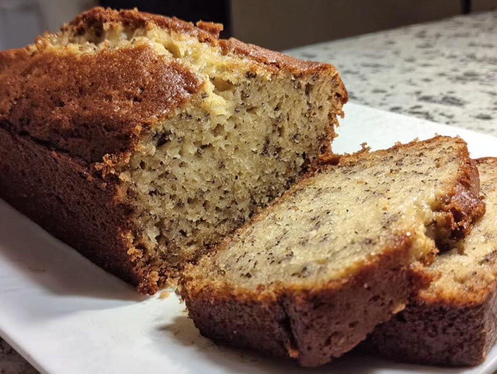 A loaf of moist and delicious classic banana bread recipe, with two slices cut and placed in front.