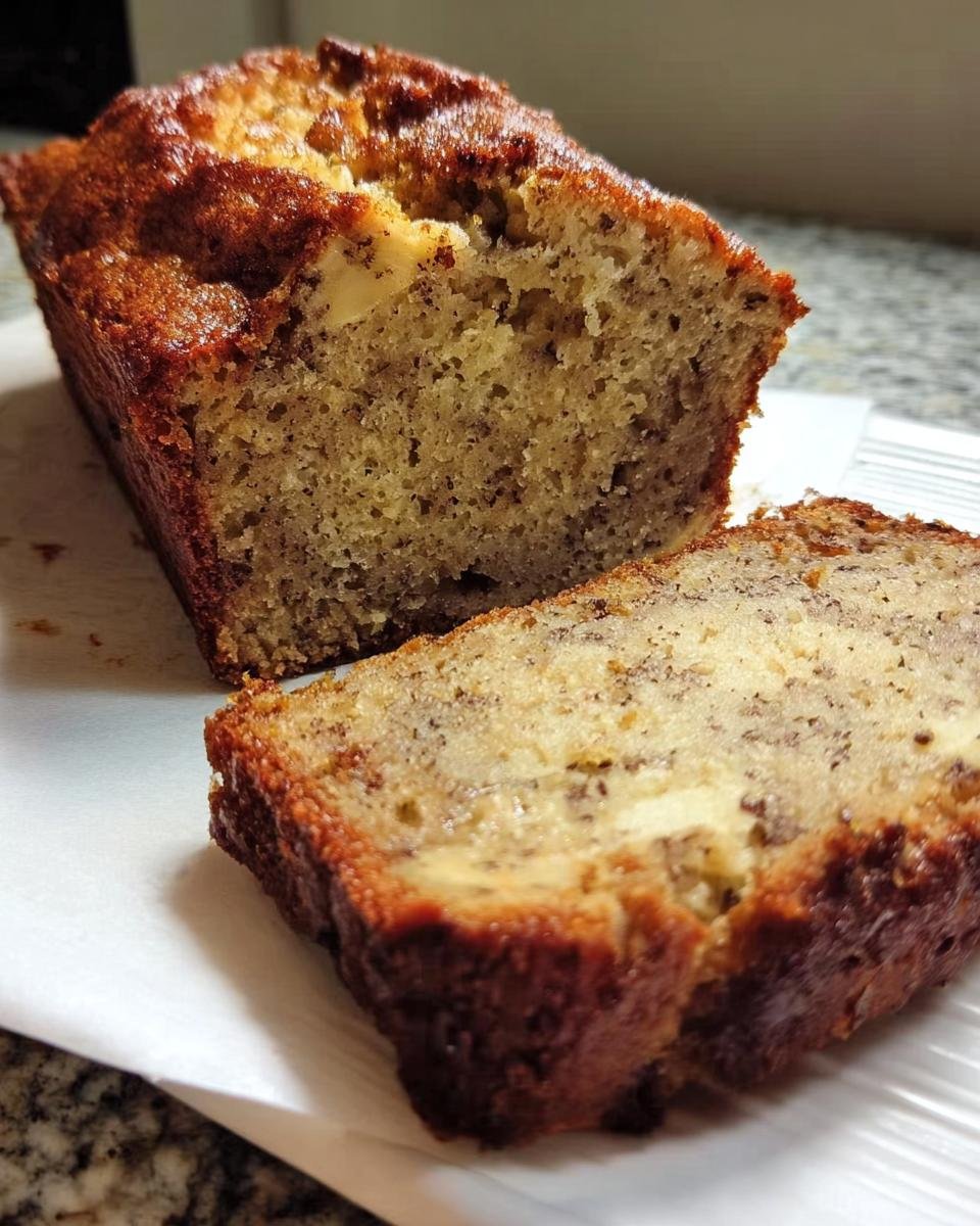 A close-up of a moist slice of Classic Banana Bread Recipe, showing its tender crumb and banana chunks.